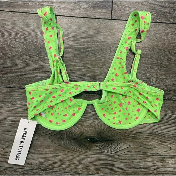 NWT Urban Outfitters Out From Under Bikini Top Green Pink Floral Small S New - Picture 3 of 5